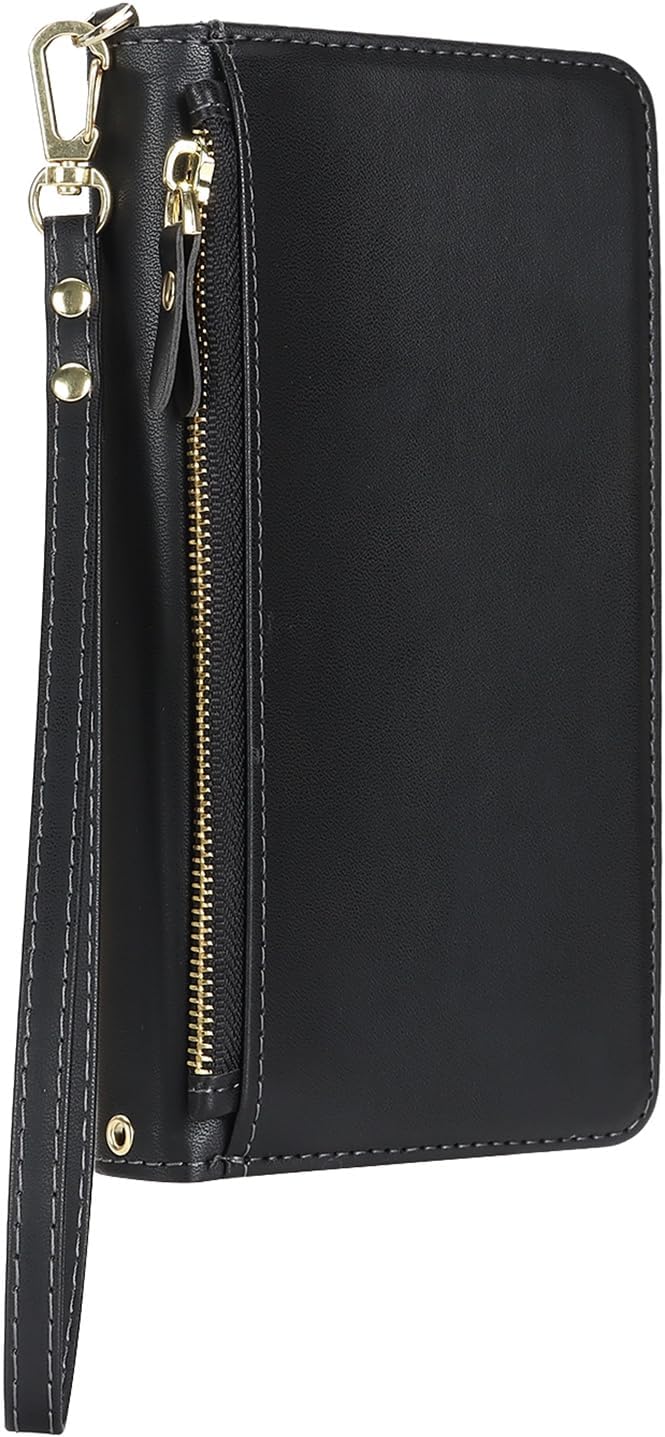 Jaorty for iPhone 15 Detachable Wallet Case, [Compatible with MagSafe] [Card Holder] [Zipper Pocket],2-in-1 PU Leather Flip Purse Kickstand Wrist Strap Magnetic Cover Men Women,Black