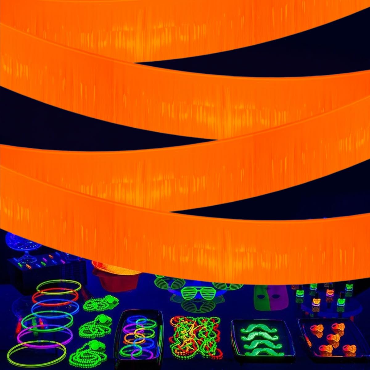4 Packs 10 Feet Foil Fringe Banner Glow in The Dark Party Supplies Neon Party Macaron Fluorescent Orange Streamers Decorations Metallic Tinsel Photo Booth Birthday Decorations Glow Supplies