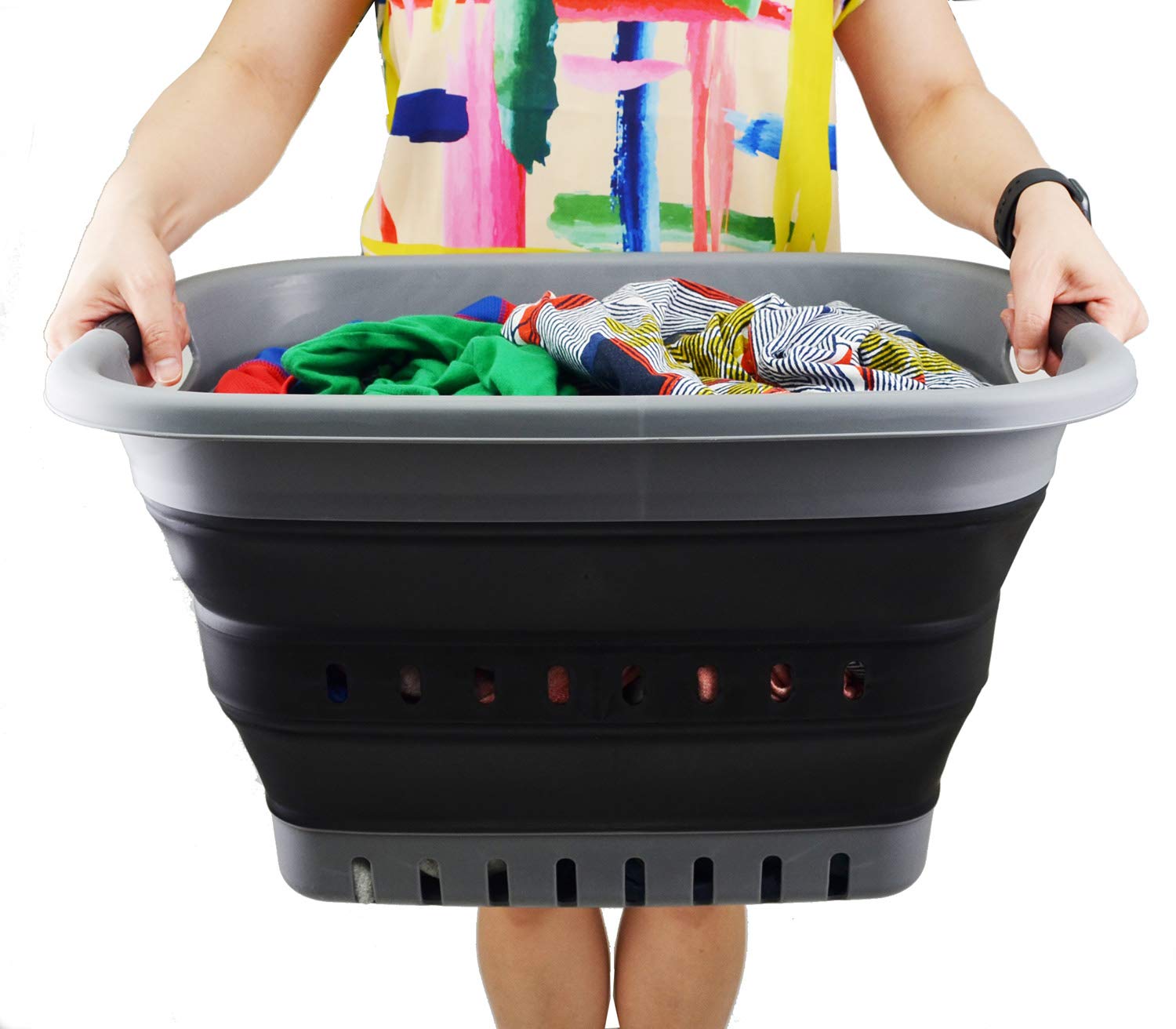 SAMMART Cesto portabiancheria pieghevole in plastica, 37 l, contenitore/organizer pieghevole – cestino salvaspazio (1, grigio/nero)