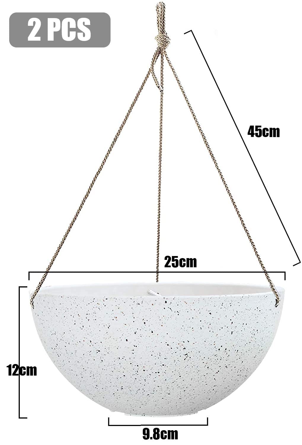 LATERN 2 Pots Suspendus 25 Cm | Blanc Moucheté | Avec Corde Bohème | Drainage Réglable | Déco Jardin