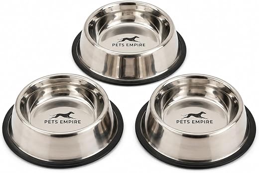 Pets Empire Dog &amp; Cat Bowls Stainless Steel, Pack of 3, Anti-Skid Feeding Bowls for Food &amp; Water, Heavy Duty Metal Pet Bow...