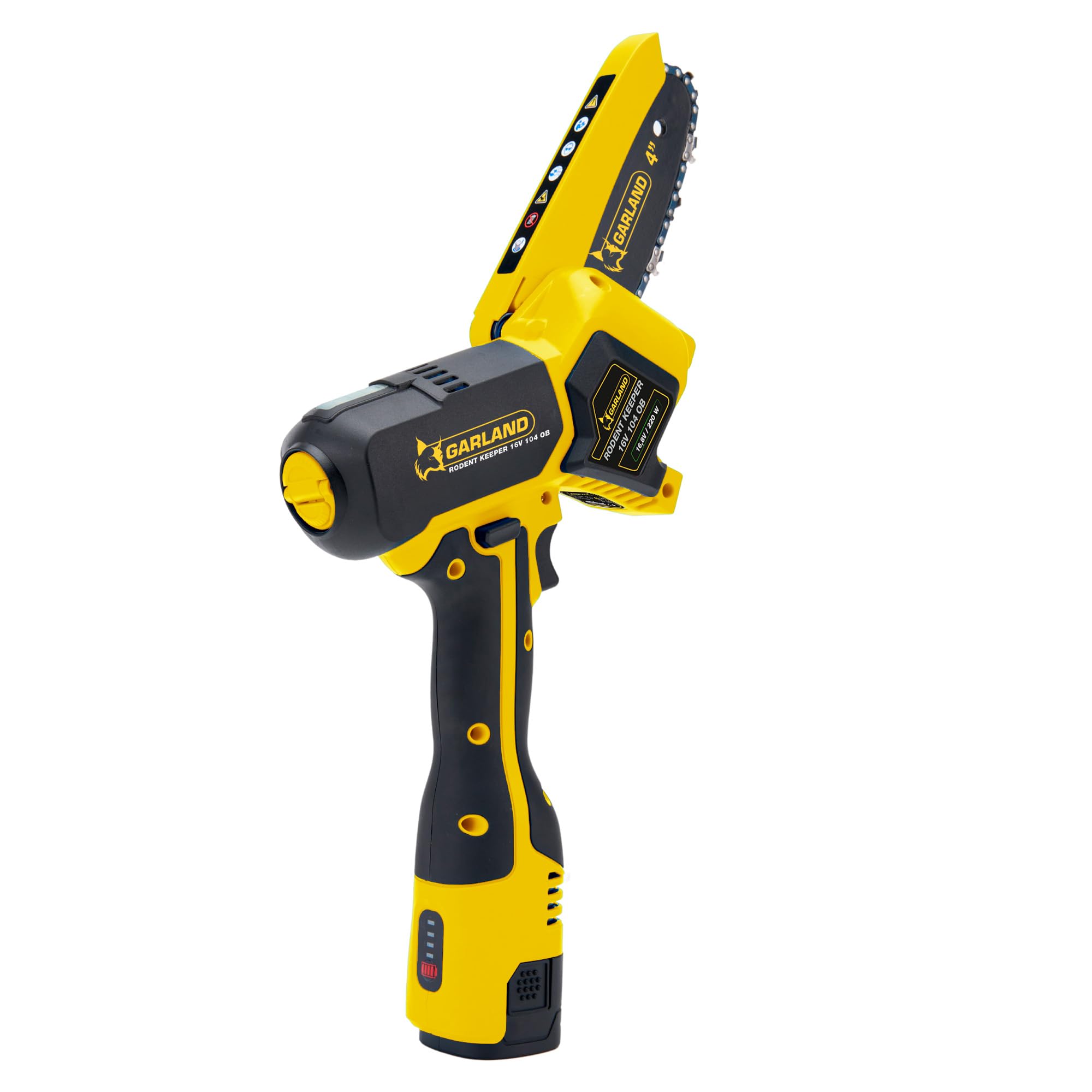 GARLAND RODENT KEEPER 16V 104 OB‑V25 – Minisierra a batería 16V con engrase automático, barra 4″, corte hasta 100 mm, ligera y portátil