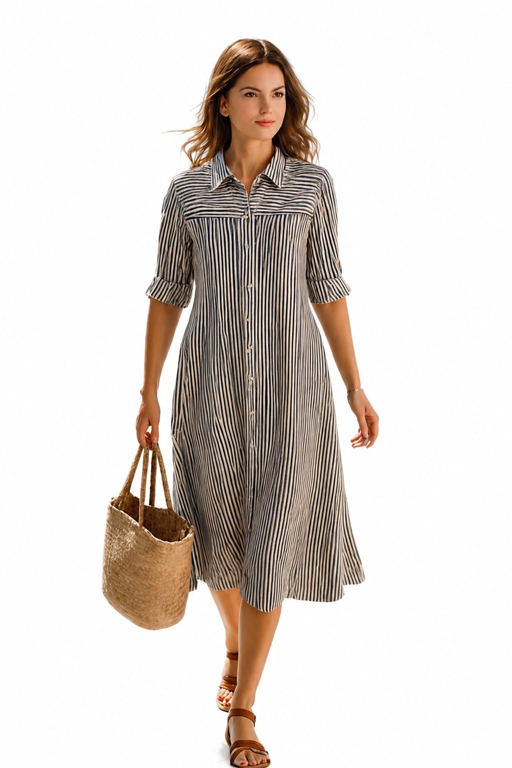 Women's Summer Striped Midi Long Shirt Dress Casual Loose Short Sleeve Button Down Dress | Casual Outfit Wear Events, Date & Evening Look |Tunic Shirts for Women-image-13