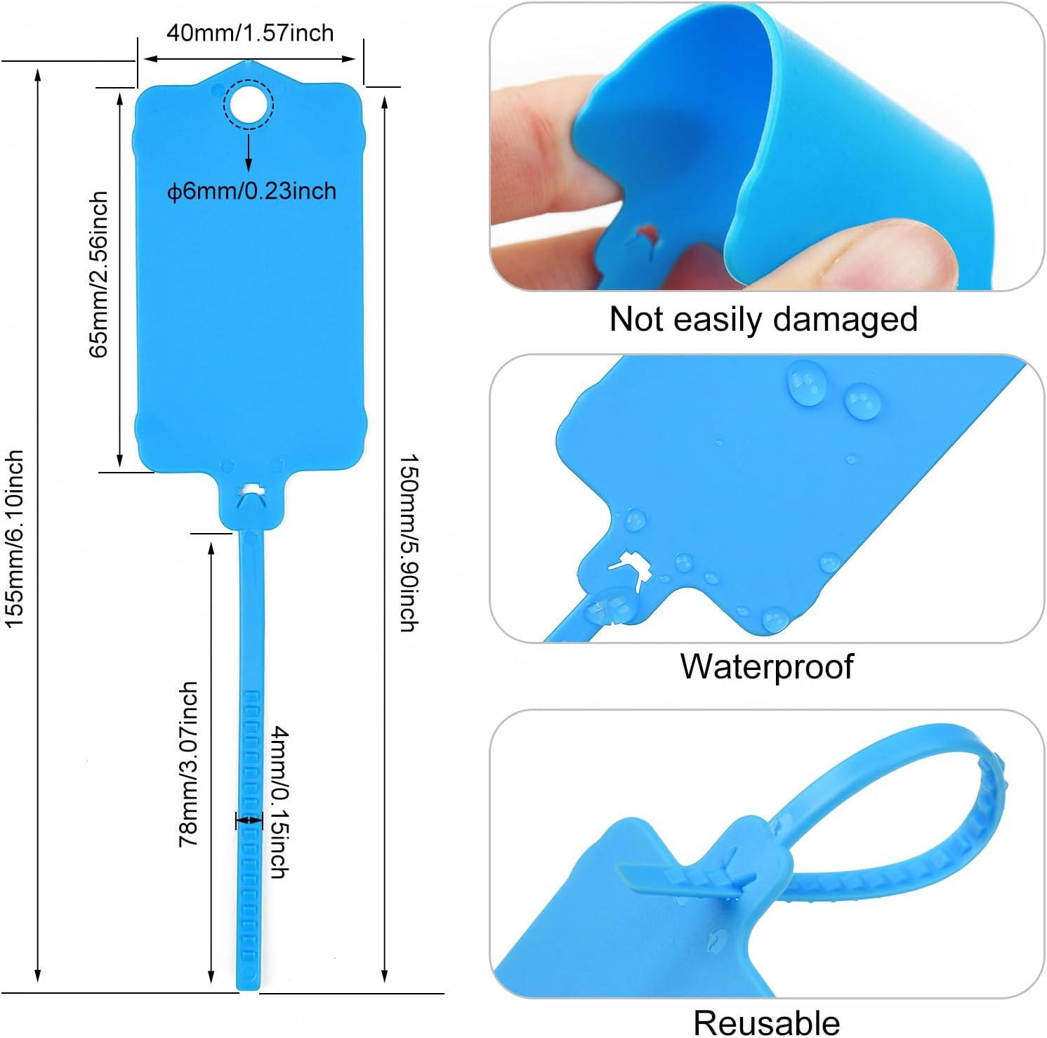 100pcs Blank Plastic Tags for Labeling Reusable Hanging Tags Ties Key Tag Storage Labels Waterproof Plastic Mark Label Writable Hang Sign with One Marker Pen (Blue) - Image 3