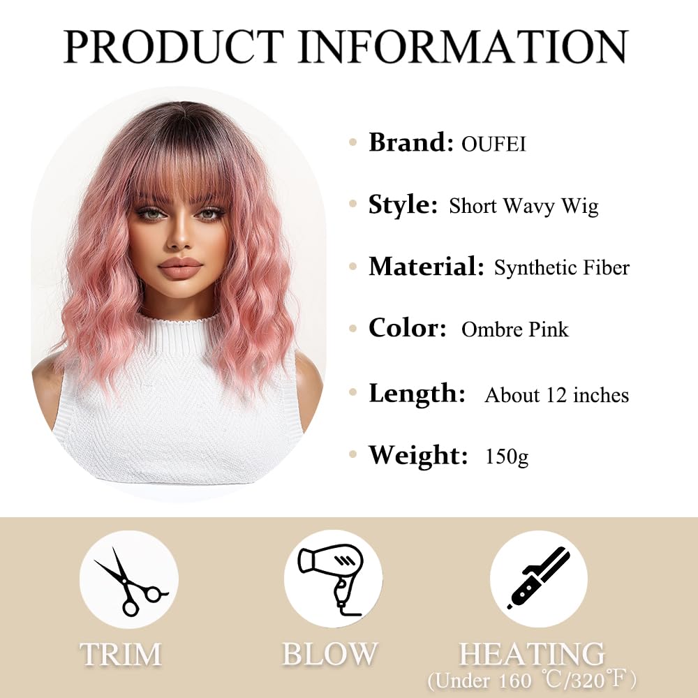 OUFEI Pink Bob Wigs for Women Short Wavy Wig With Bangs with Dark Roots Natural Synthetic Hair Heat Resistant Wigs for Daily Party Cosplay Wear - Image 2