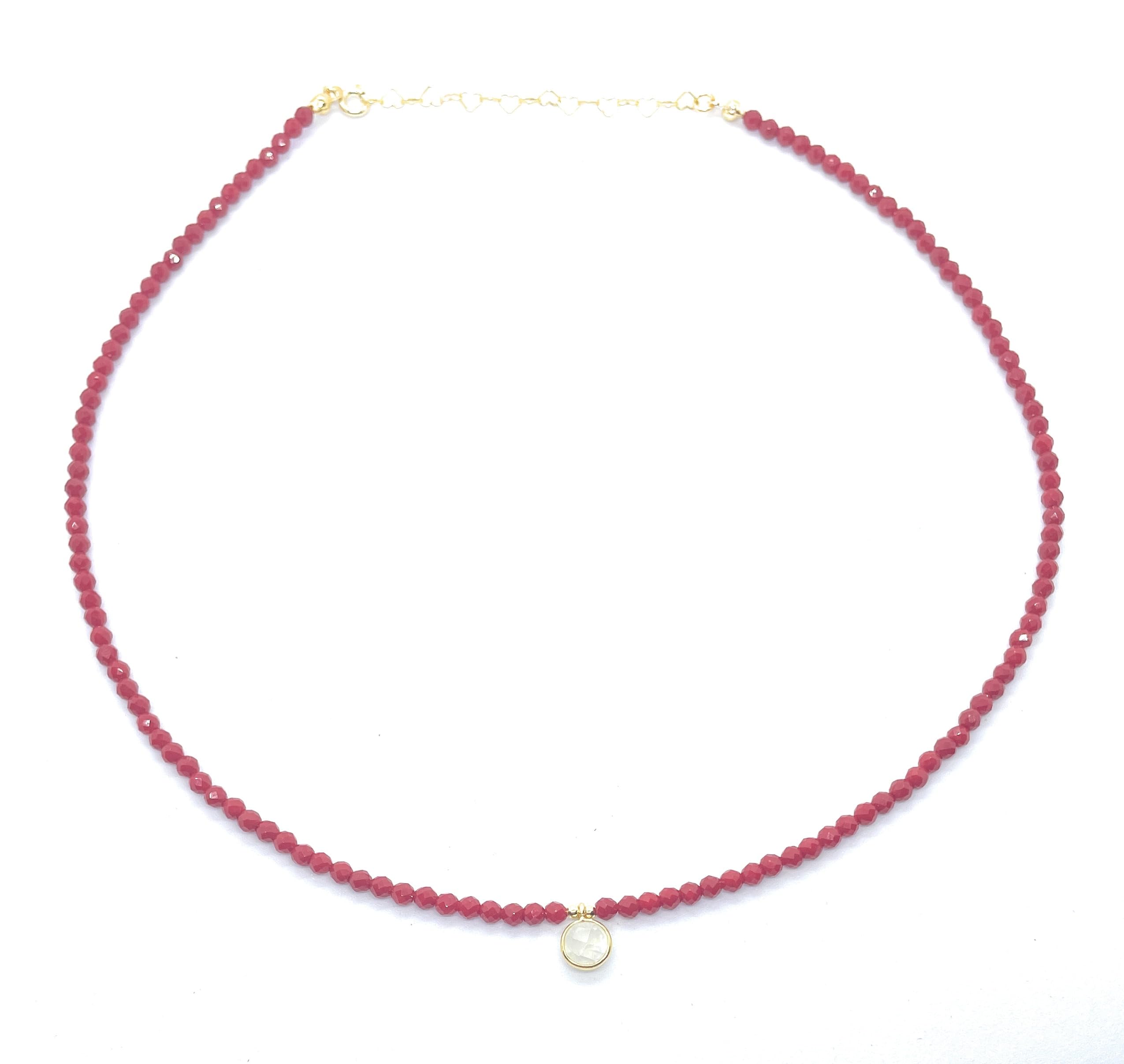 Collana di Corallo Naturale 3mm, Ciondolo in Pietra di Luna, Argento 925 Placcato, 40-45cm, Rosso