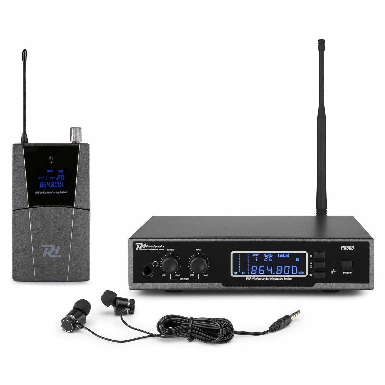 Power Dynamics PD800 Sistema de monitorización In-Ear UHF | Sistema In-Ear UHF, 20 canales, alcance hasta 80 m, incluye transmisor y receptor