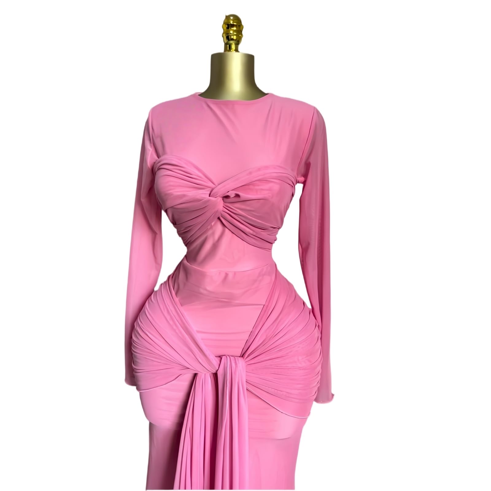 Vestito Donna Maglia Maxi Abito Manica Lunga Arco Dettaglio Sheer Elegante Festa Sera Vacanza Indossare-Red-l