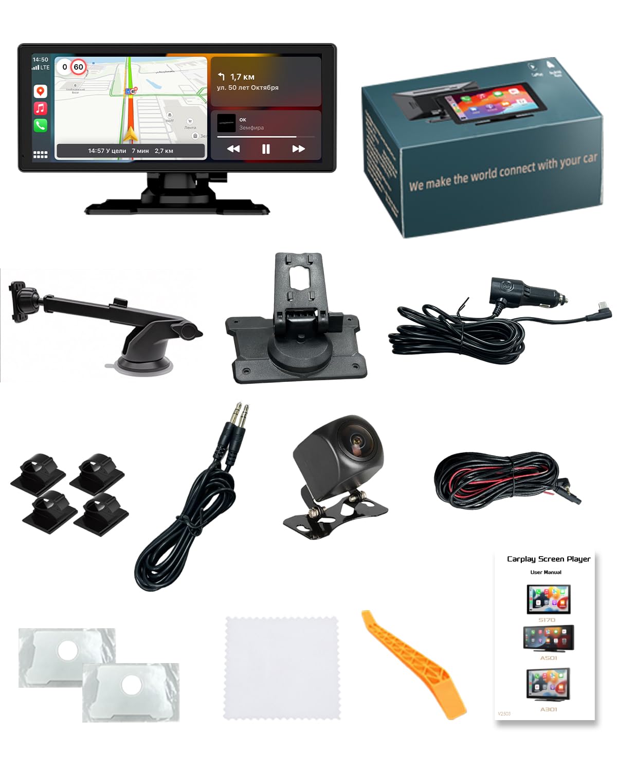 Pantalla Coche, 8.88" Pantalla Carplay Coche para Apple y Android con HD 1080P Cámara Trasera y Delantera, Navegación GPS, Bluetooth 5.2, Control por Voz Manos Libres, Mirror Link, FM, AUX