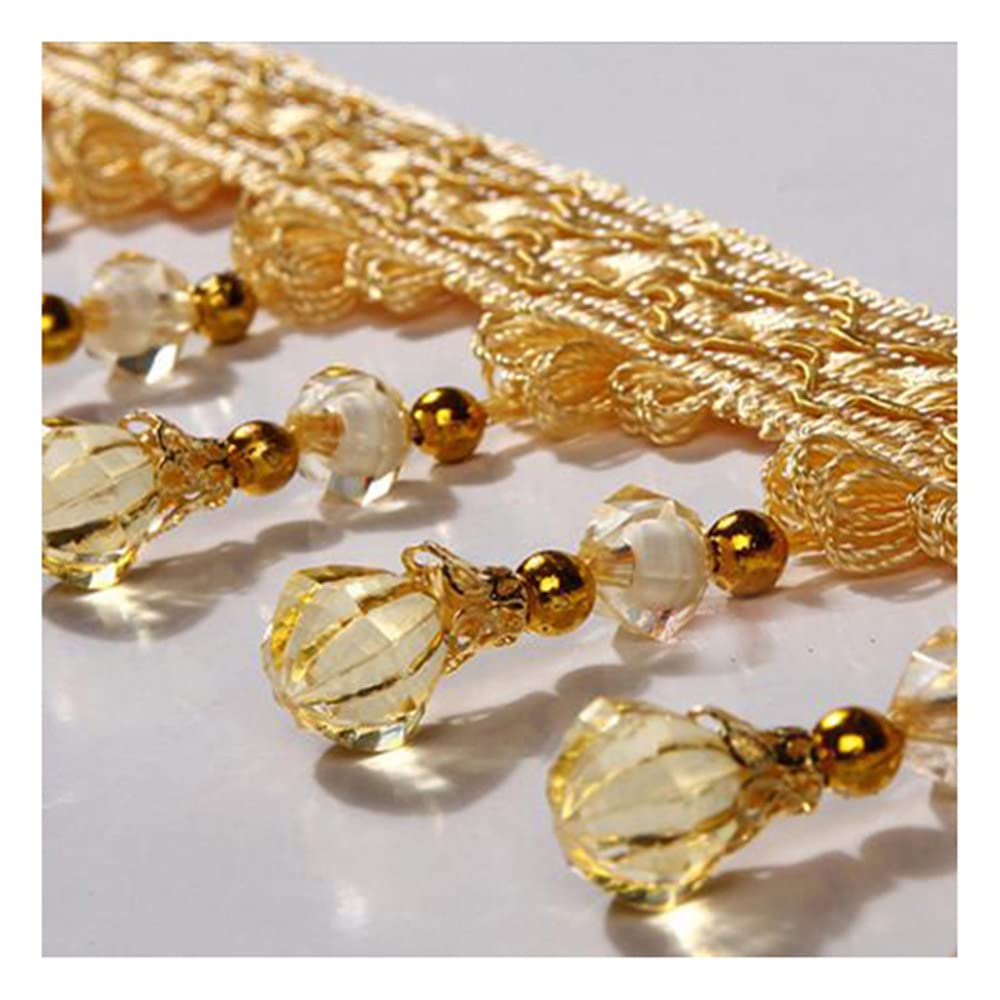 GIVBRO 3m Crystal Beads Tassel Fringe Trim Hanging Pendant Lace Ribbons Egding Trimming for Sewing Home Decoration Costume Accessories Gold