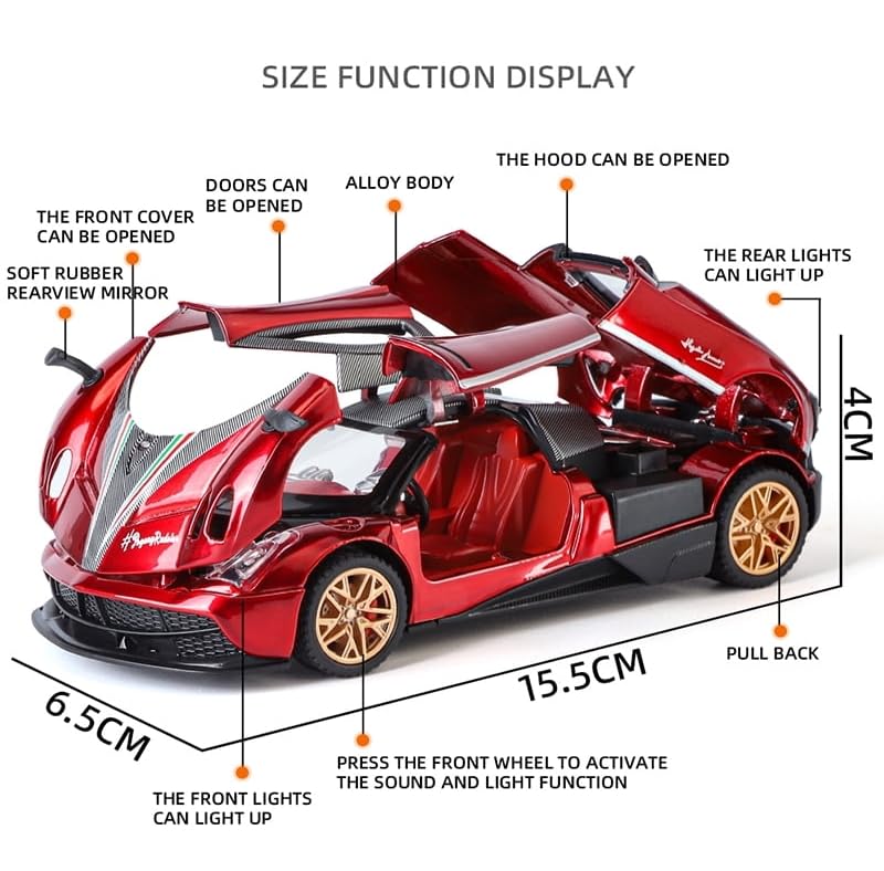 Image of 1:32 Scale Pagani Die-Cast Model Car - Alloy Metal Body Toy Car with Openable Doors, Pullback Action, Light & Sound Effects (Pagani Red)