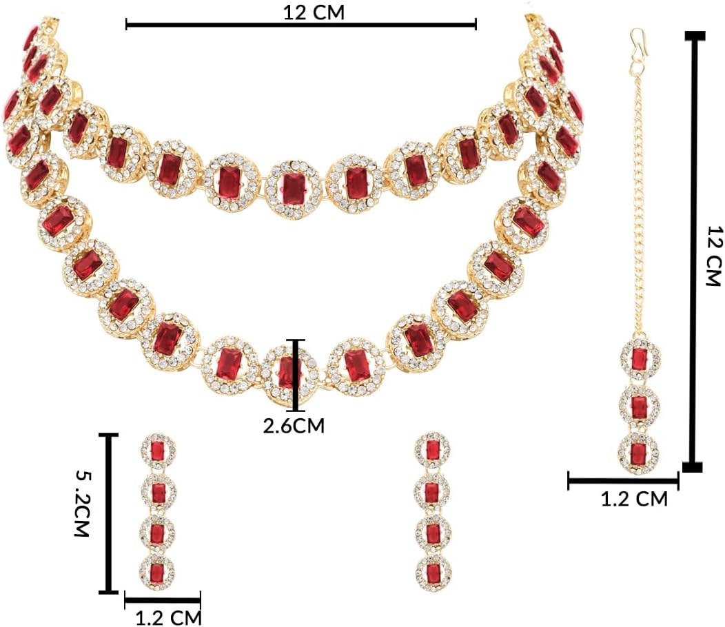 I Jewels Gold Plated Crystal Diamond Multi Layer Necklace With Earrings & Maang Tikka Jewellery Set for Women
