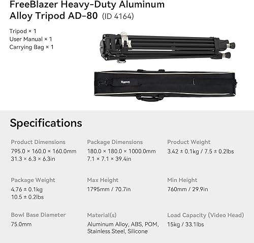 Miniatura 8 de SMALLRIG AD-80 FreeBlazer - Trípode de aleación de aluminio resistente, trípode de video de 71 pulgadas con adaptador de cuenco de 2.953 in, ajuste