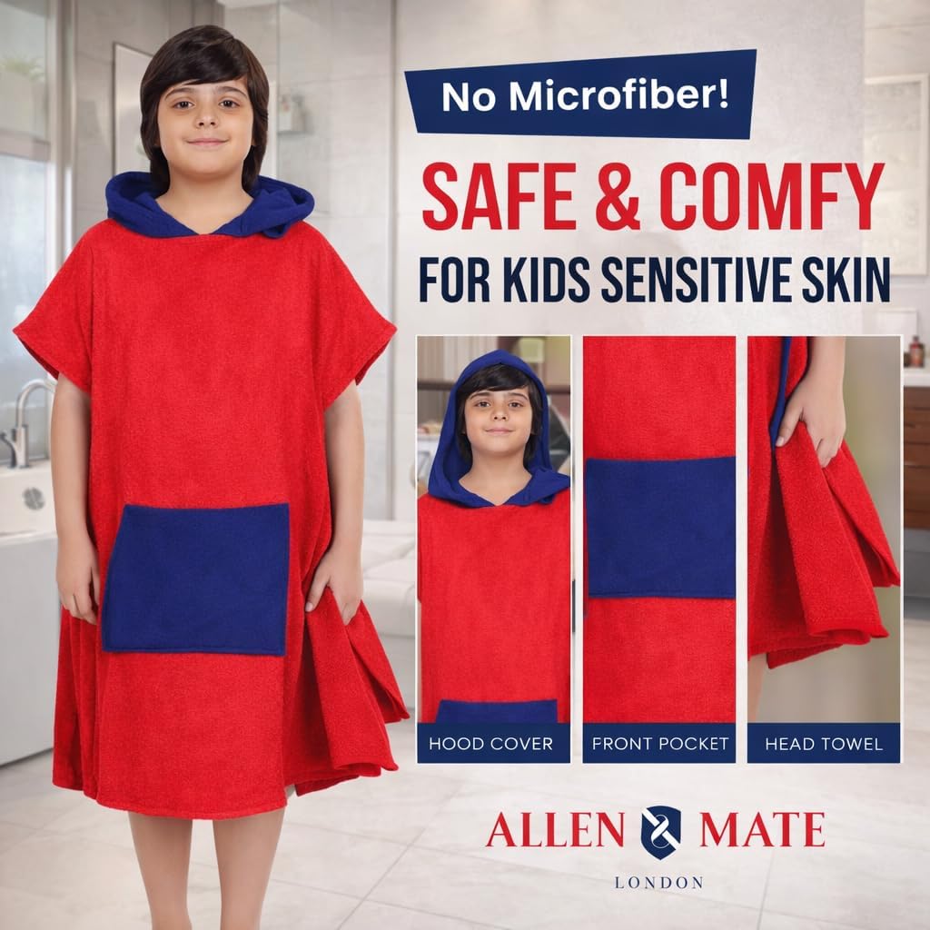 ALLEN & MATE 100% Cotton Kids Hooded Surf Poncho Changing Robe, Quick Absorbent Wearable Swim Towel Boys & Girls, 6-13 Years
