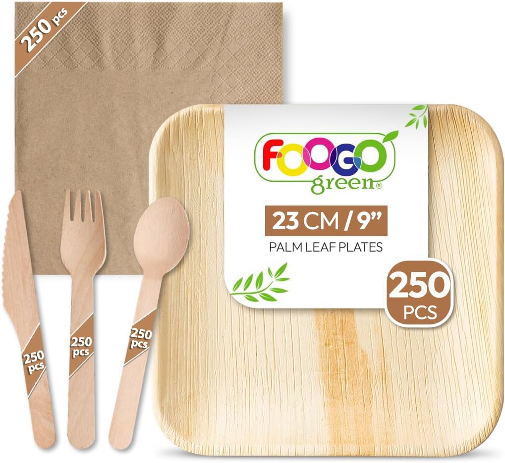 FOOGO Green 1250pcs Disposable Palm Leaf Plates, Wooden Cutlery Set and Brown Napkins, FSC® Certified, 250x Large Square Plates, 250xForks, 250xKnives, 250xSpoons, 250x Napkins Eco Biodegradable — image 1