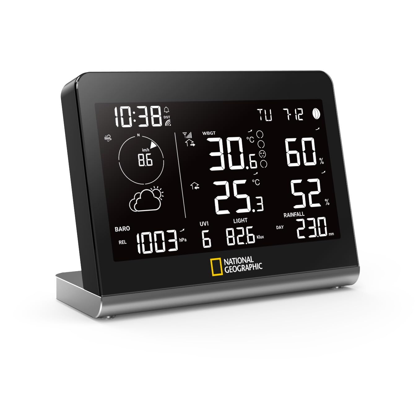 National Geographic Funkwetterstation SC mit 8-in-1-Außensensor, Farbwechsel-Display, Temperatur, Luftfeuchtigkeit, Windmesser, Regenmesser, UV, WBGT | Innen und Außentemperatur, Luftfeuchtigkeit, Regenmesser, Windmesser, Luftdruck, UV, Lichtintensität, W