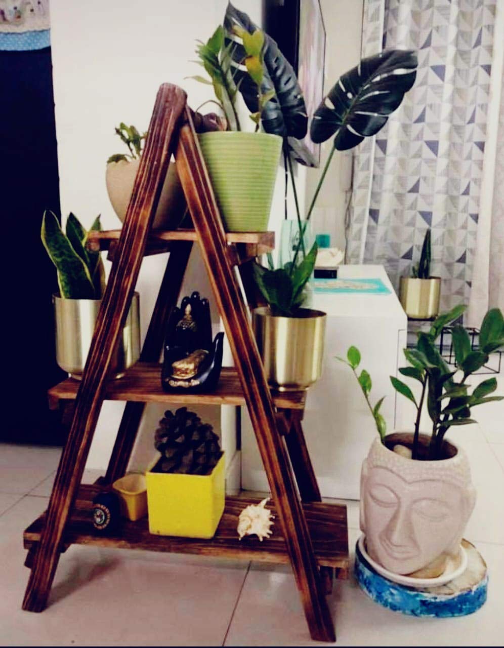 Foldable Three feet Classy Pinewood 3 feet Ladder Bookshelve/Plant Shelve/Statue Shelve Matte Finish (Dark Wenge)