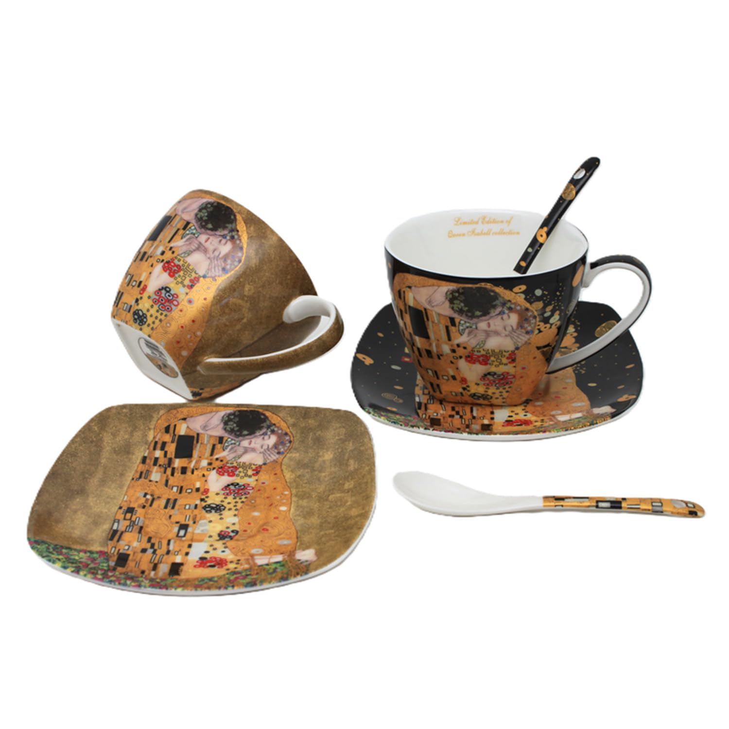 Juego de 2 tazas de porcelana con cucharas de Klimt De Kiss 250 ml | Fine Bone | elegante juego de regalo con diseño artístico Gustav Klimt | porcelana de lujo en caja