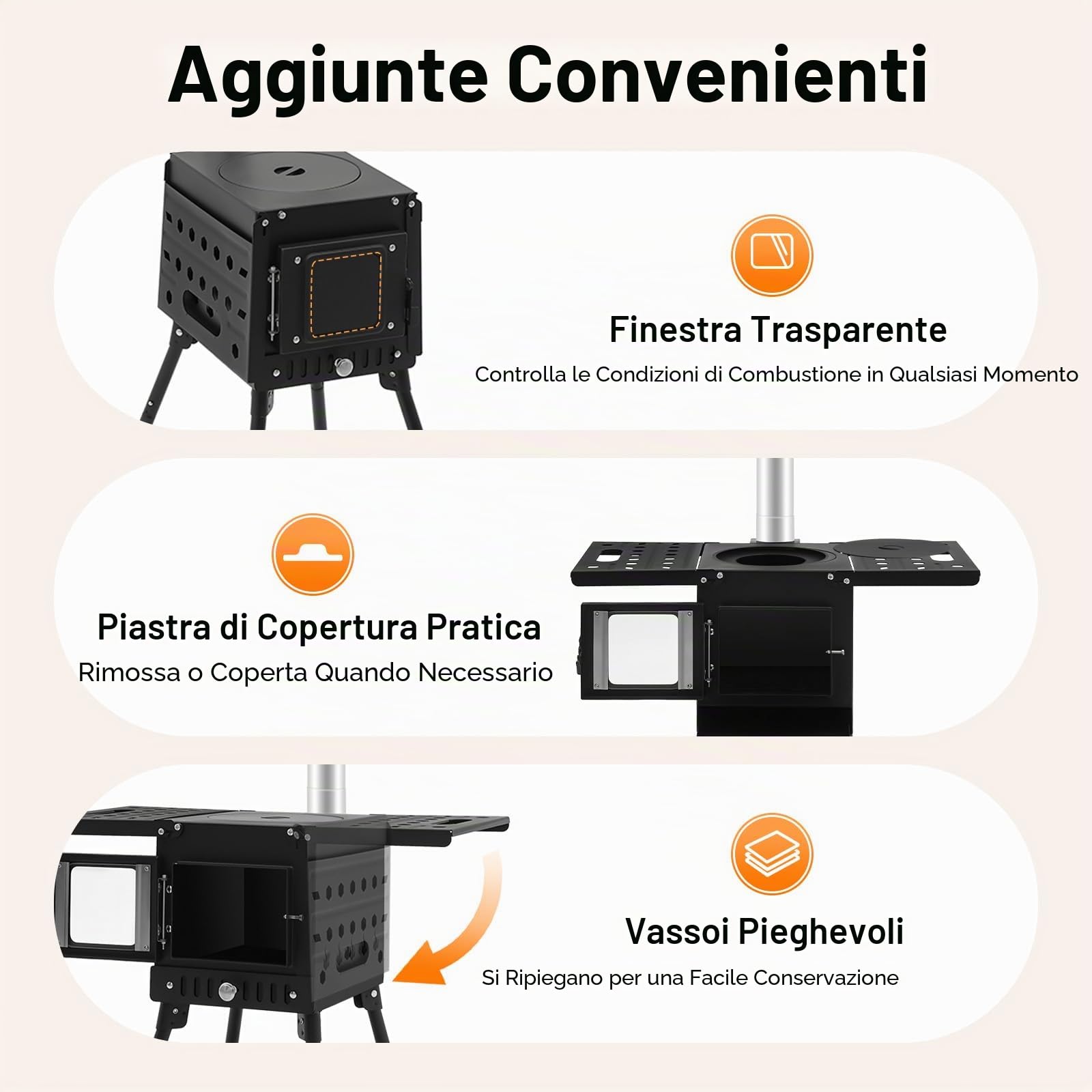 Stufa a legna, stufa a legna portatile per tende, fornello da campeggio con gambe pieghevoli e tubi per camino, per esterni, campeggio, cucina