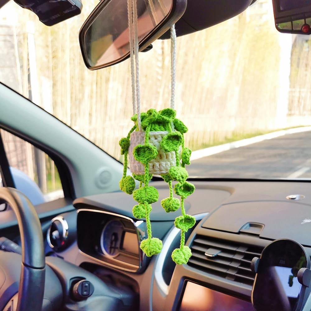 Crochet Hanging Plant for Car, Cute Car Plant Accessories, Boho Car Plant Crochet Hanging Basket Mini Macrame Plant Car Accessories Rear View Mirror Charm (Green Leaves)