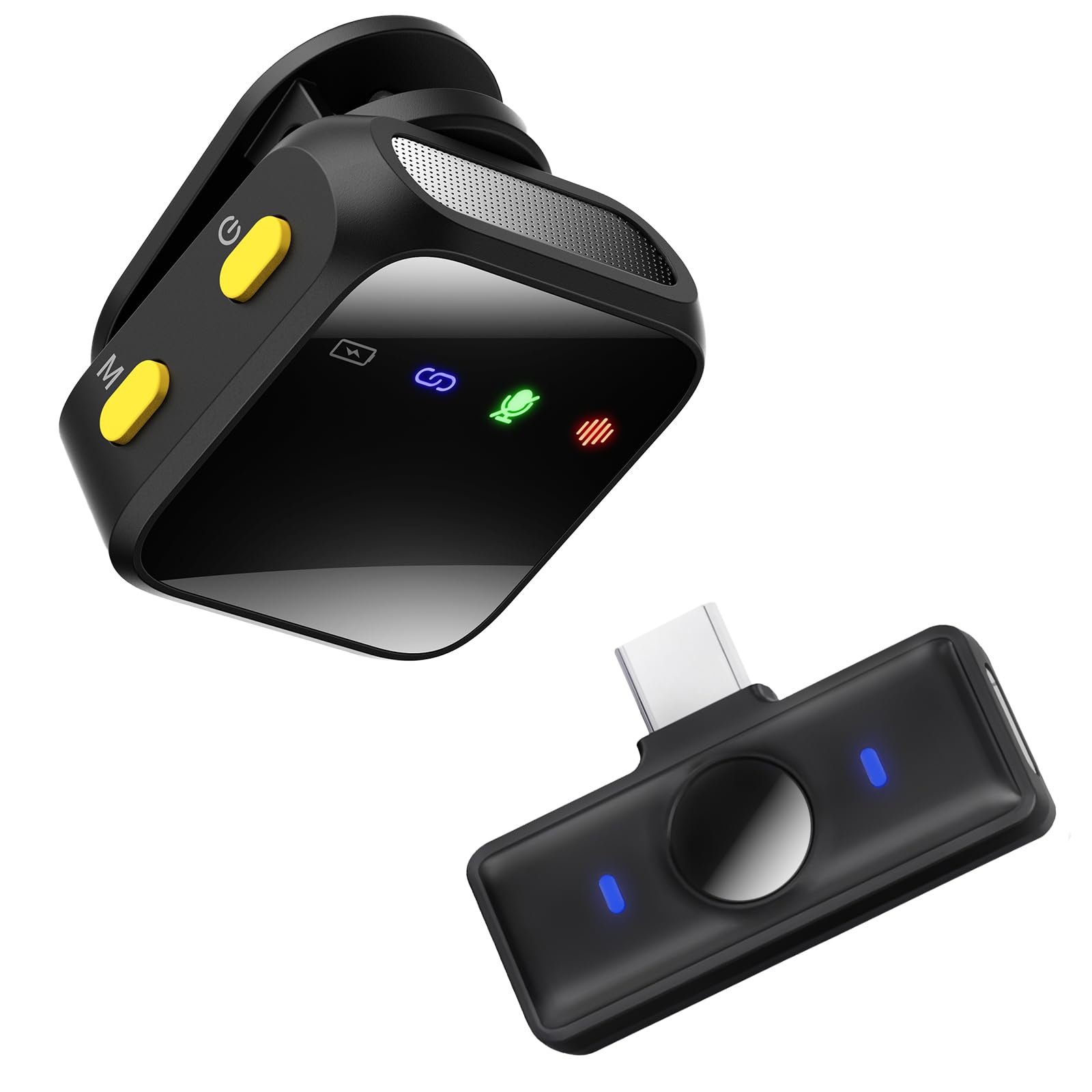 Amazpro Microfono da bavero wireless con clip e magnetico, AI riduzione del rumore, batteria 120 mAh di lunga durata, registrazione audio a distanza per smartphone, fotocamera e PC(USB C)