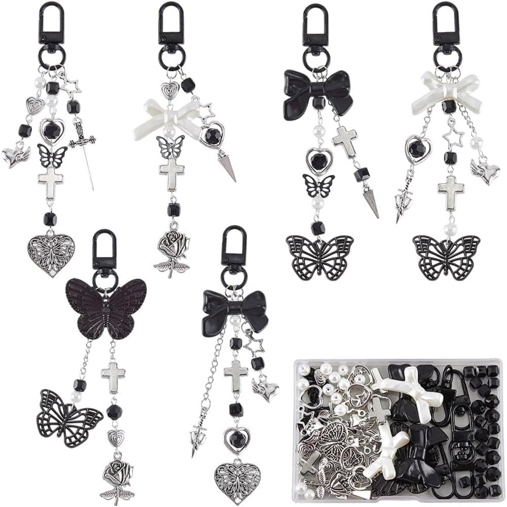 SUNNYCLUE 1 Box 160Pcs Keychain Making Kits Gothic Key Chains Black Butterfly Beads Heart Charm Halloween Gothic Charms Acrylic Glass Spacer Beads for Keychains Making Women Adults DIY Crafts Supplies