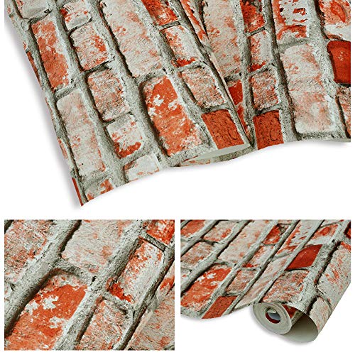 JZ·HOME YT6501 Red Brick Wallpaper Roll,Vintage Faux Brick Panel Wallpaper for Bedroom Living