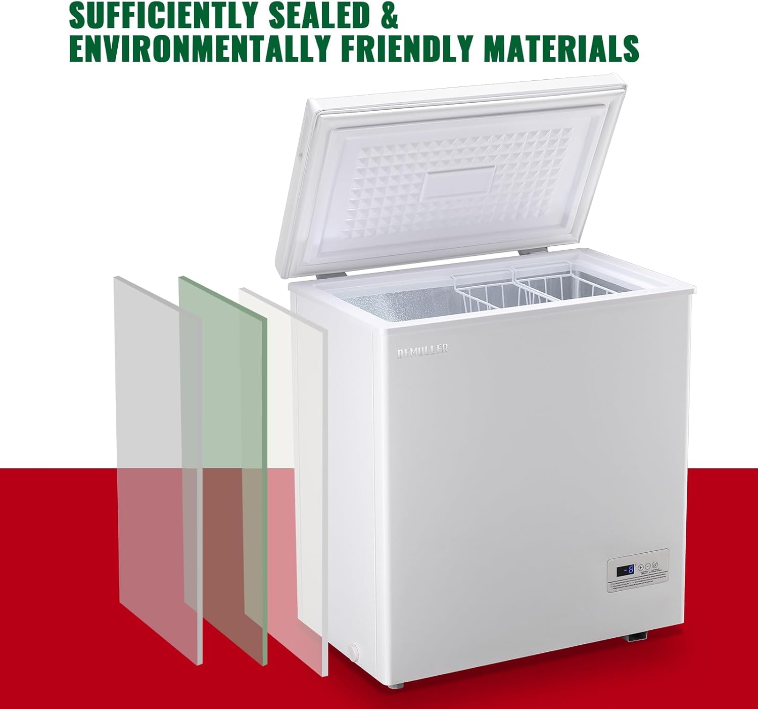 DEMULLER Chest Freezer 5.0 Cubic Feet Freezers with Temperature Display Panel Small Deep Freezer 2 Removable Basket Top Open Door Freezer Ideal for Apartment Office Dorm White