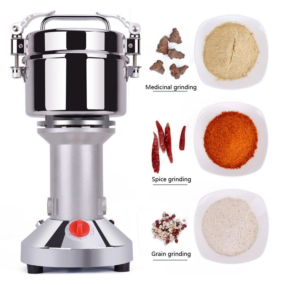 300G Macinino Cereali Elettrico Timer 0-5 Min Motore Rame Puro 1300W Erbe Spezie Secche Polverizzatore 6 Lame Acciaio Inox Camera Inclinabile Protezione Sovraccarico Per Famiglia 2-4 Persone