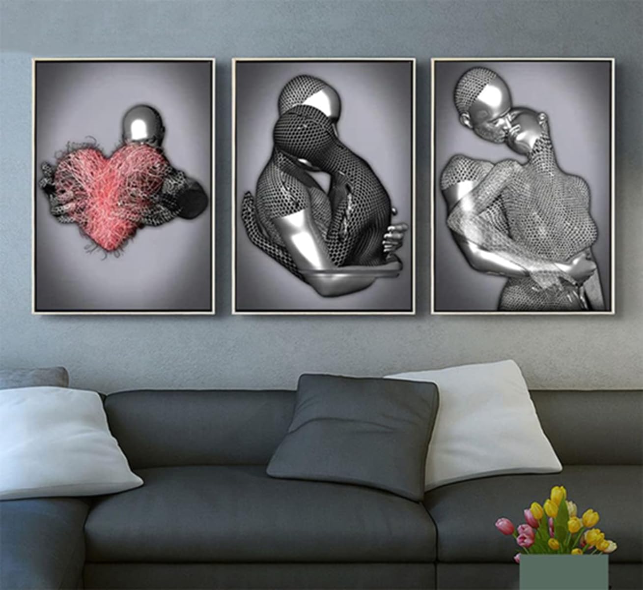 Romantic Hugging Couple Sculpture Poster 3D Lovers Sculpture Poster Metal Figure Statue Art Canvas Painting