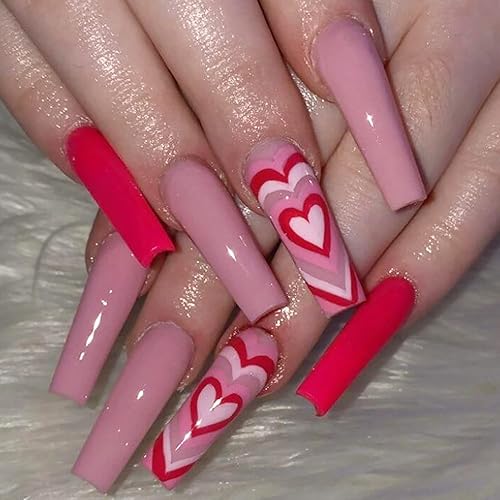 Uñas postizas a presión para el día de San Valentín uñas postizas largas de ataúd color rojo cobertura completa con diseños de corazón uñas