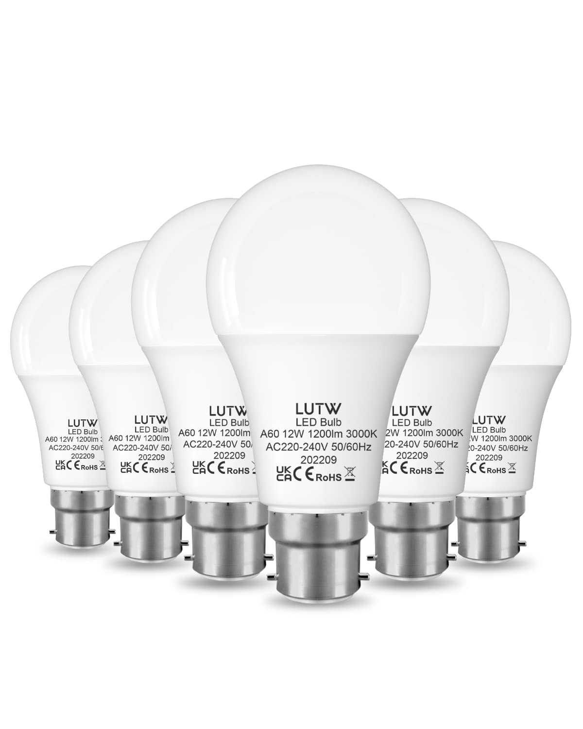 B22 Led Light Bulbs Bayonet, 100W Equivalent, Warm White 3000K, 12W 1200lm LED Bulbs, BC GLS Energy Saving Light Bulbs, Non-dimmable, Pack of 6