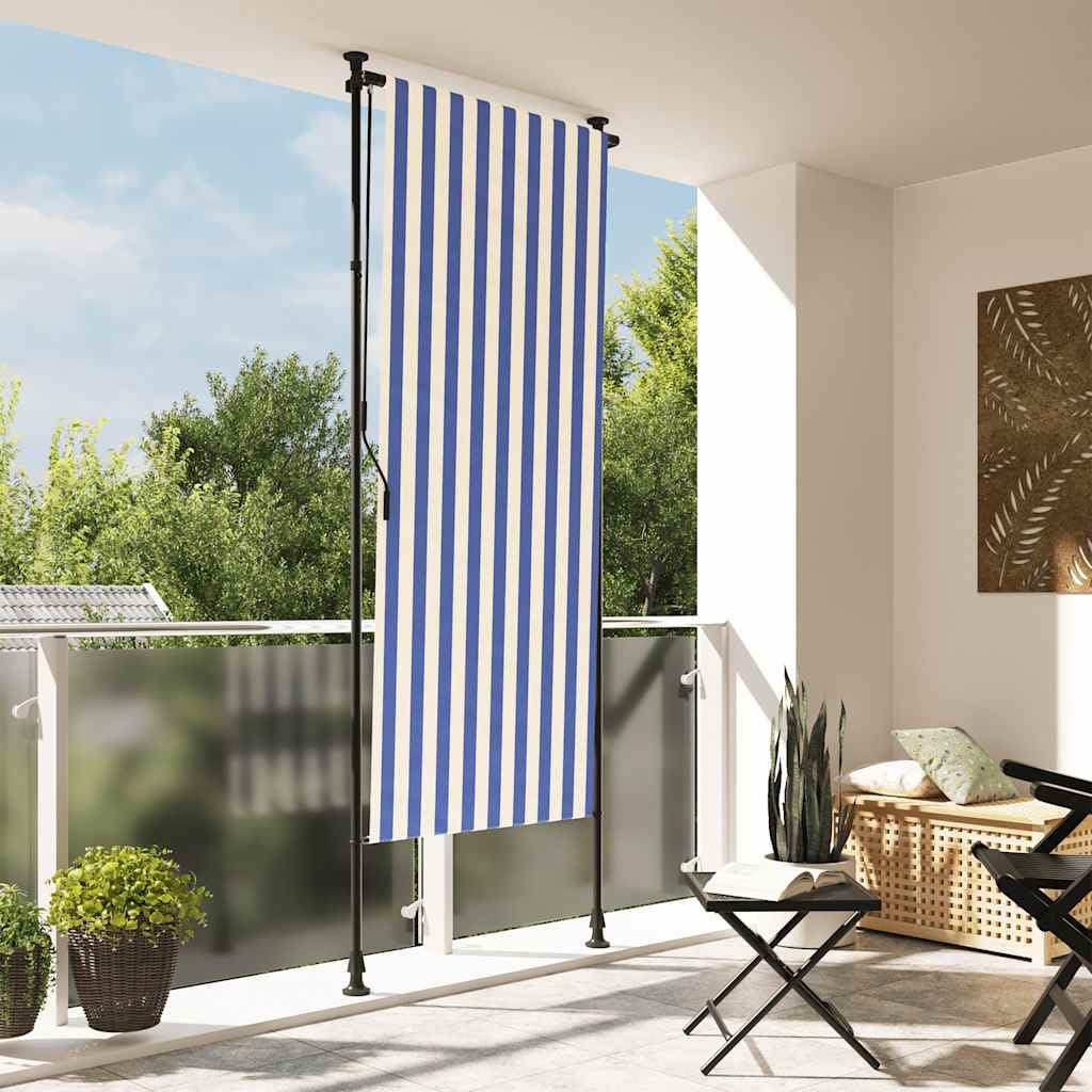 Store Vertical Exterieur avec manivelle sans perçage, Store Enrouleur sans Percage Exterieur, Extensible & Opaque, Paravent de Balcon, Coupe-Vent, Bleu et Blanc 100x270 cm Tissu Acier