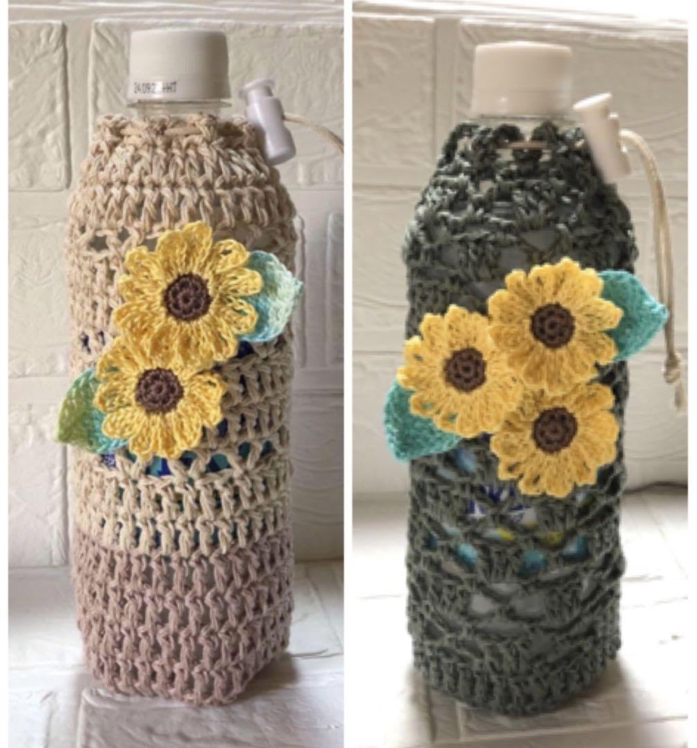 かぎ編み♡ハンドメイド　ネイビーに紫陽花のミニペットボトルカバー・巾着 かぎ編みハンドメイド ネイビーに紫陽花のミニペットボトル