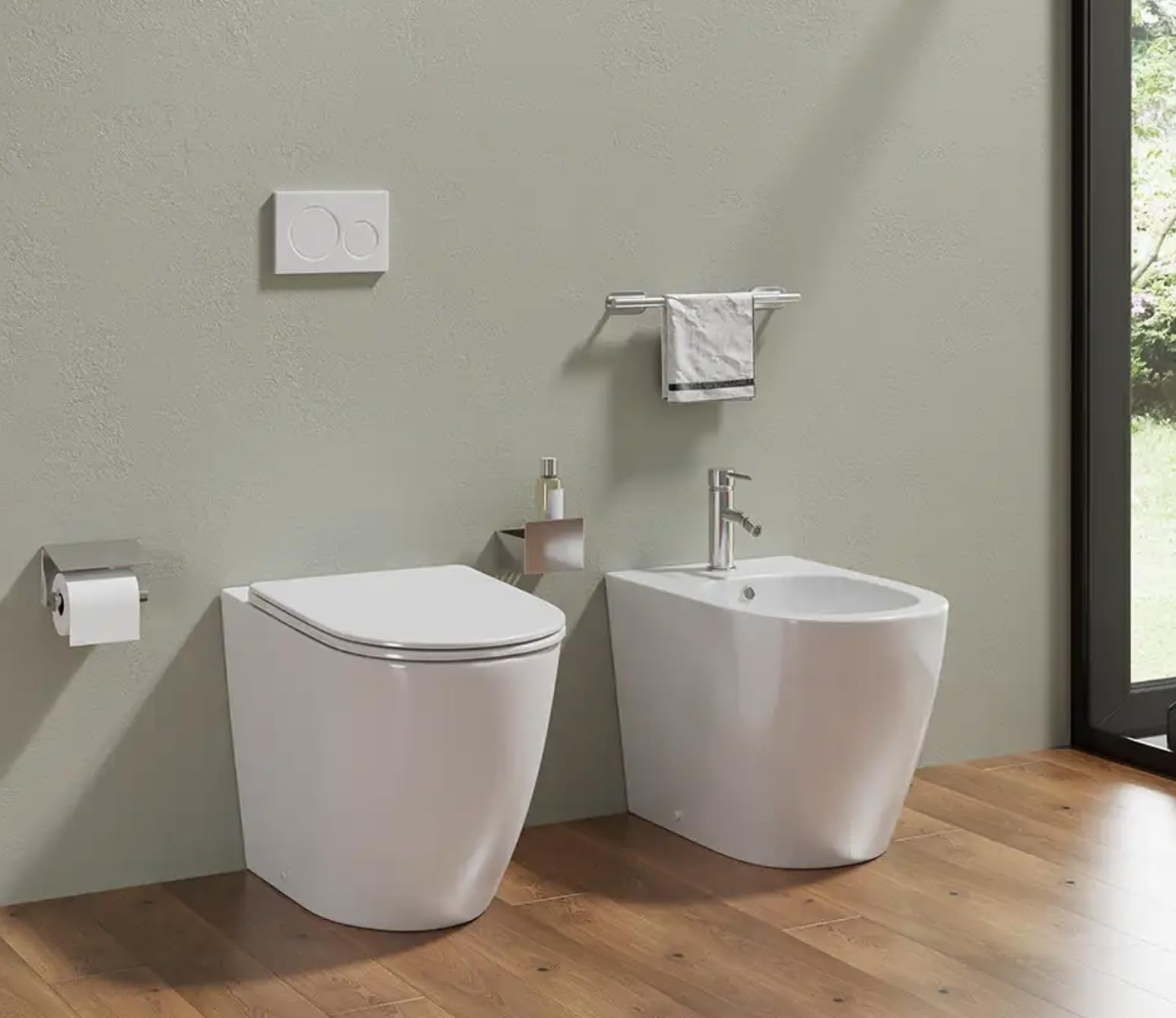 Sanitari filomuro in ceramica bianco lucido vaso rimless con copriwc soft-close e bidet OASI (52 cm)