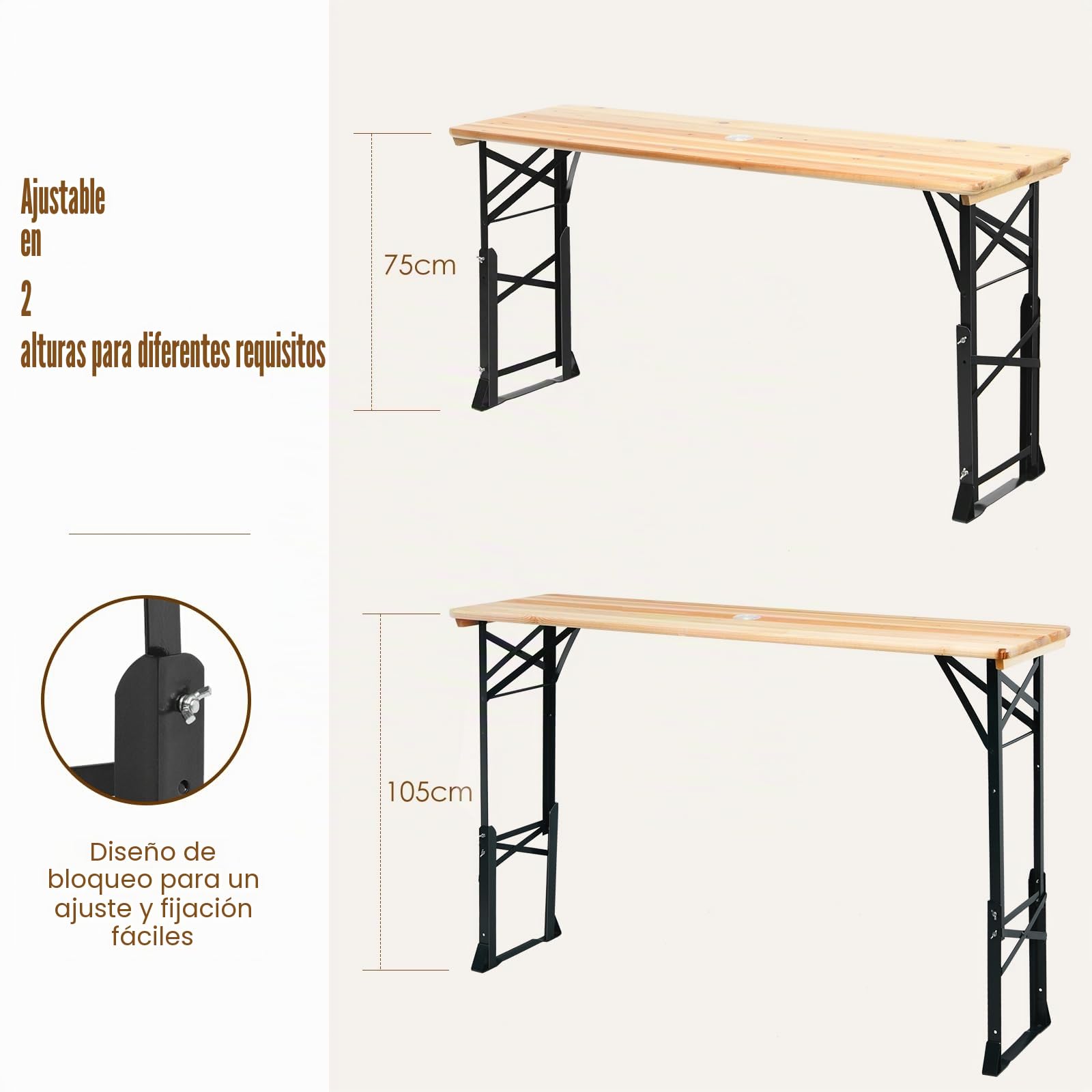 KOMFOTTEU Mesa Plegable de Camping de Madera Maciza, Mesa de Picnic con Orificio de Sombrilla y Altura Ajustable, para Jardín, Terreza, Picnic, Fiesta, 168,5 x 50 x 75/105 cm