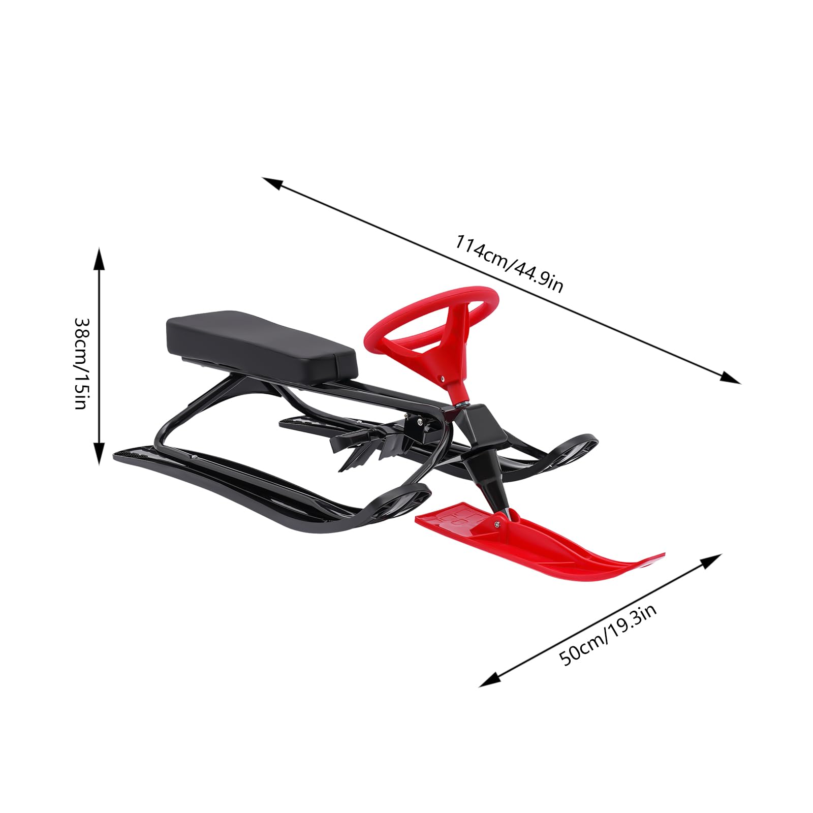 Snow Racer Sled, Twin Brakes Ski Sled Slider Board with Steering Wheel & Bicycle Handle for Kids Age 3-15 Years (Red)