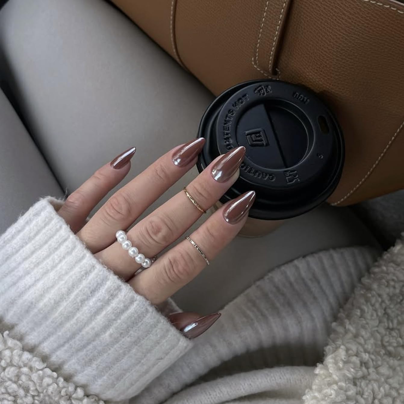 Chrome Brown False Nails Almond, SXVME Glazed Chrome Press On Nails Medium, Glitter Shine Fake Nails Medium Cute - Image 2