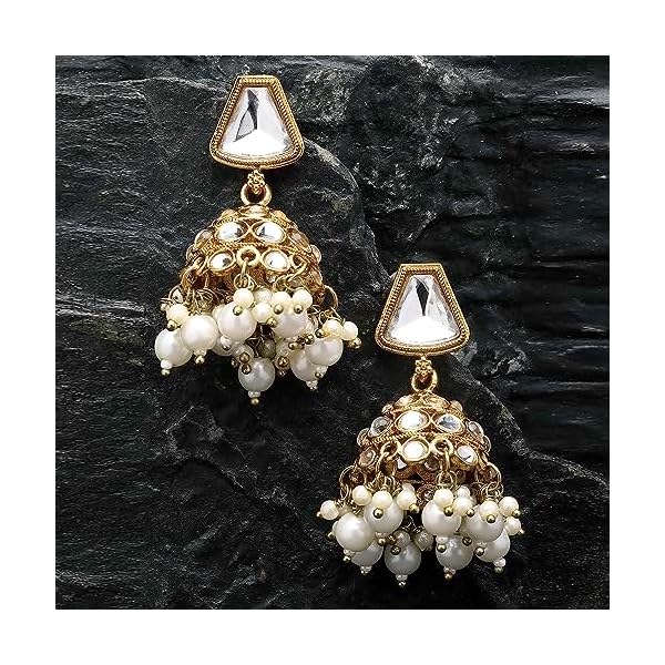 ZENEME Gold-Plated Kundan & Pearls Studded Dome Shaped Mirror Jhumka Earrings For Girls and Women - Image 3