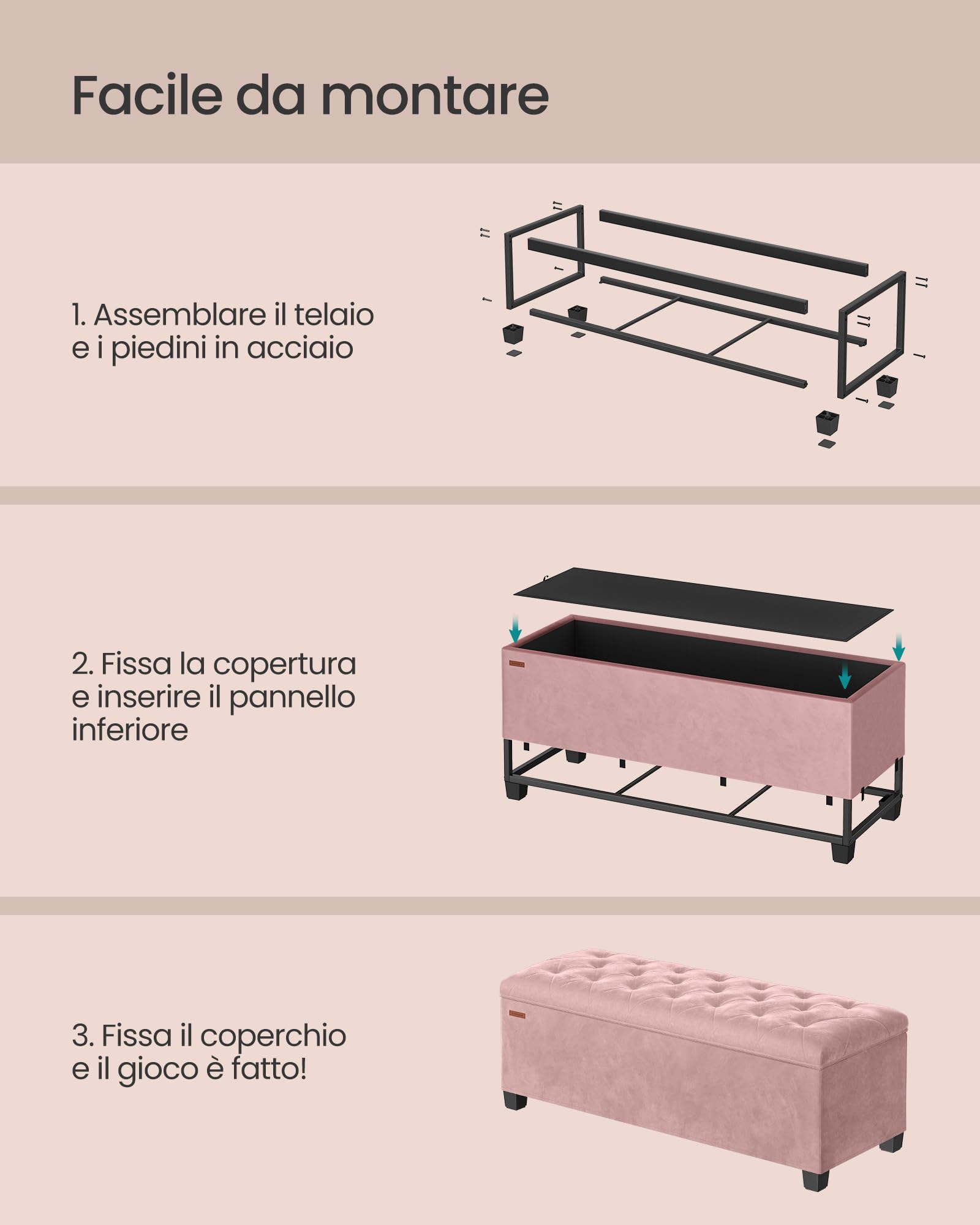 SONGMICS Cassapanca, Pouf Contenitore, Poggiapiedi 40 x 110 x 39 cm, Ottomano con Gambe in Legno, Regge fino a 300 kg, per Soggiorno, Camera da Letto, Dormitorio, Rosa Pastello LSF089R01