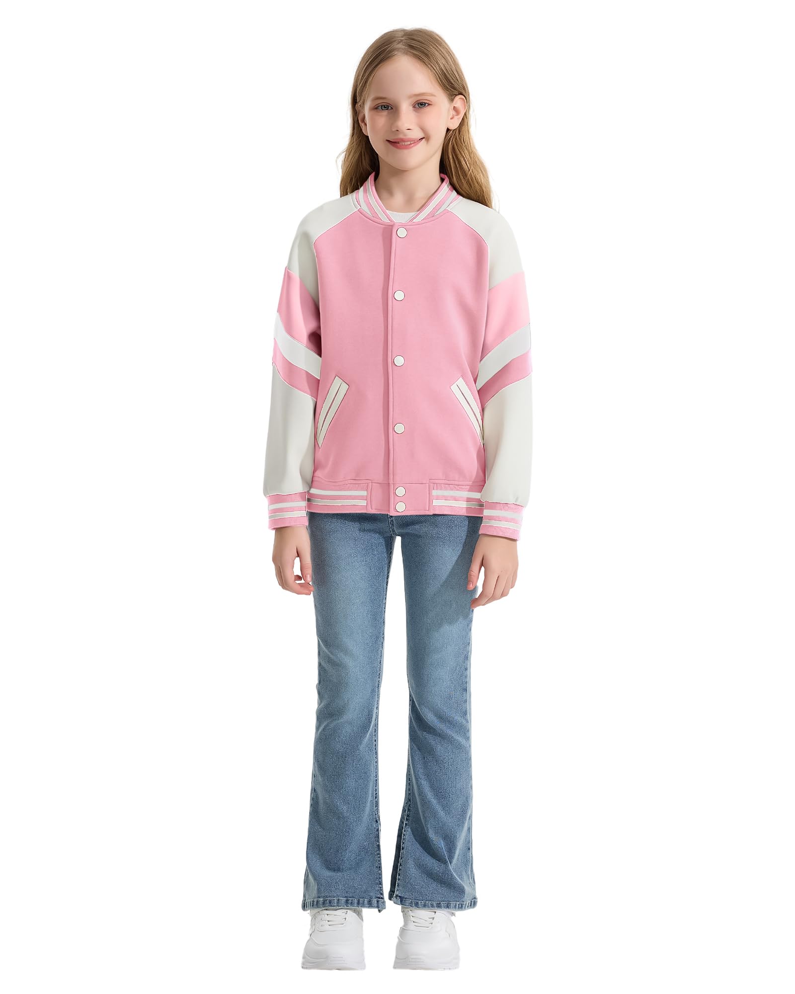 Rolanko Mädchen Baseball Jacke Jungen im Varsity-Stil, Sweatjacke mit Taschen für die Schule, Bomber mantel für Kinder
