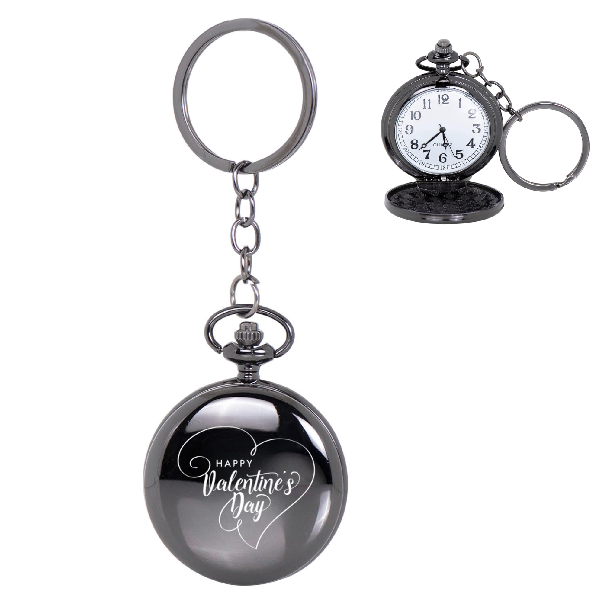 Valentine's Day Pocket Watch Keychain, Antique Style, Black
