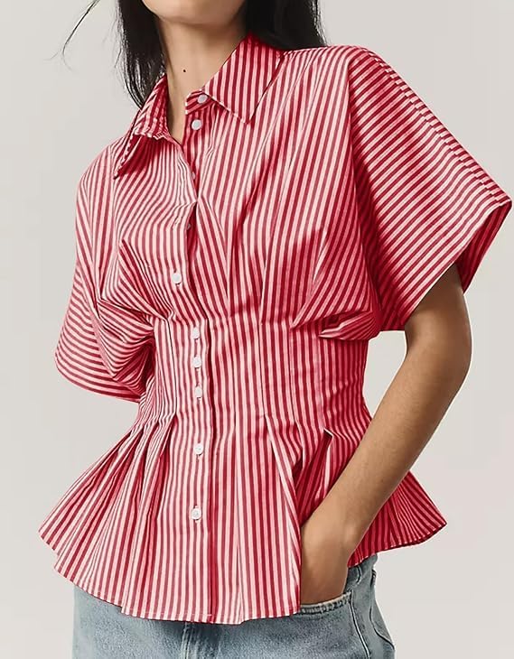 Women’s Striped Button Down Shirt Summer Pleated Short Sleeve Tops Collared Peplum Blouse Business Casual Outfits - Image 3