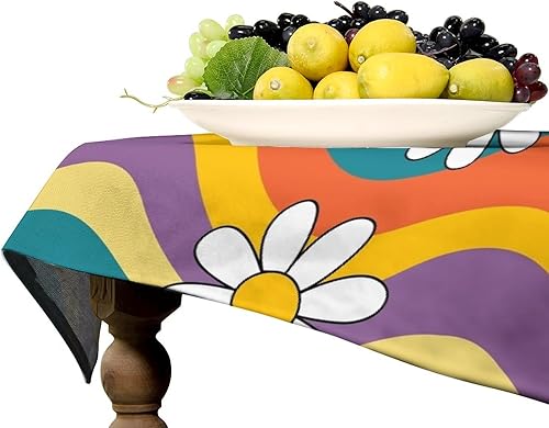 Miniatura 1435 de Mantel floral hippie, diseño retro de los años 70, naranja, rosa, azul, floral, bohemio, estampado estético de margaritas, para fiesta, picnic