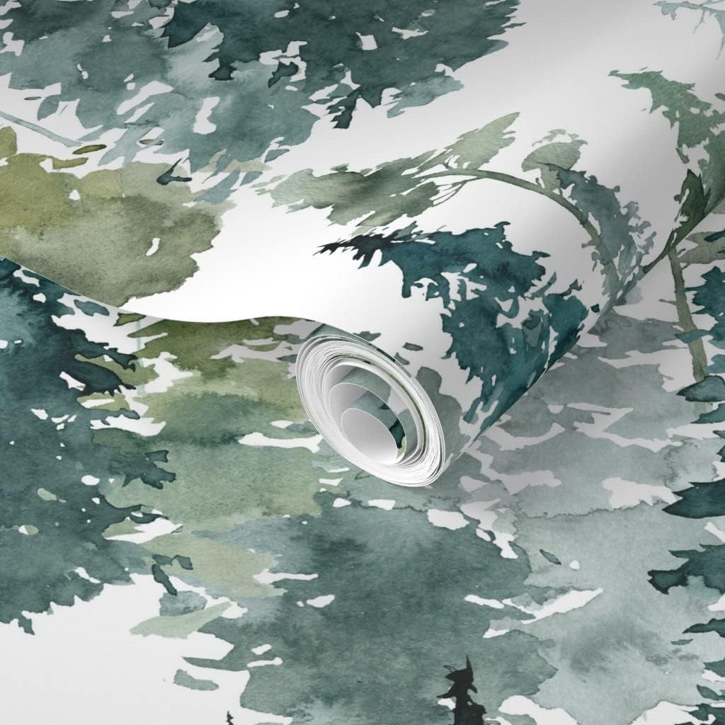 Removable Wallpaper 6ft x 2ft - Woodland Pine Trees White Winter Christmas Snowy Watercolor Green Holiday Forest Custom Pre-Pasted Wallpaper by Spoonflower