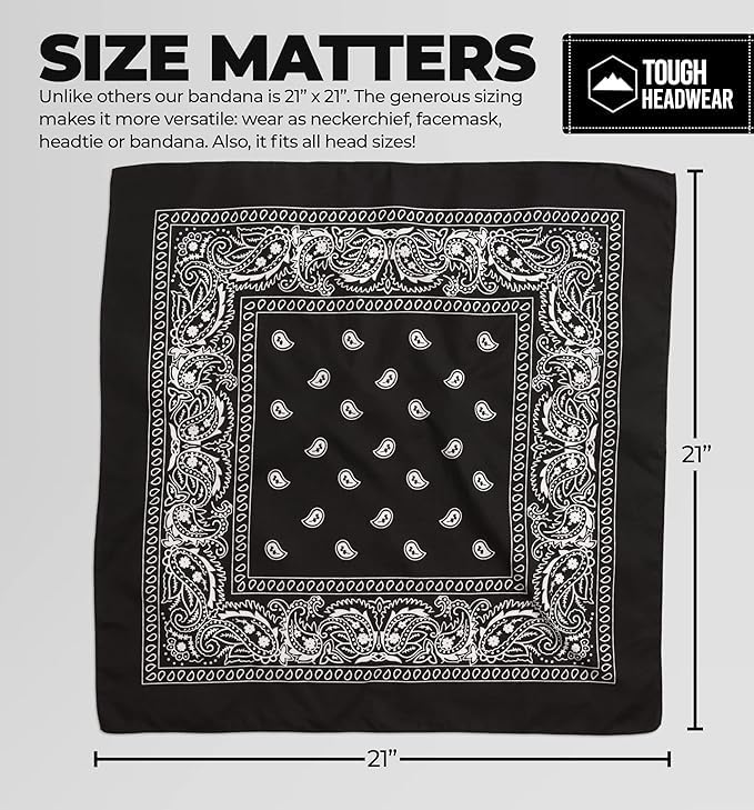 Image of Tough Headwear Paisley Bandana Head Wrap, Scarf Large 21x21 (12 Pack - Black)