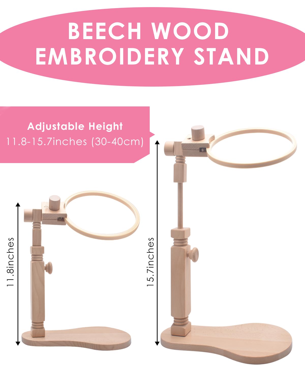 TINDTOP Beech Wood Embroidery Hoop Stand, with 3pcs Embroidery Hoops (3inch + 6inch + 8inch), Adjustable Rotated Wooden Embroidery Hoop Holder for Cross Stitch and Embroidery Projects