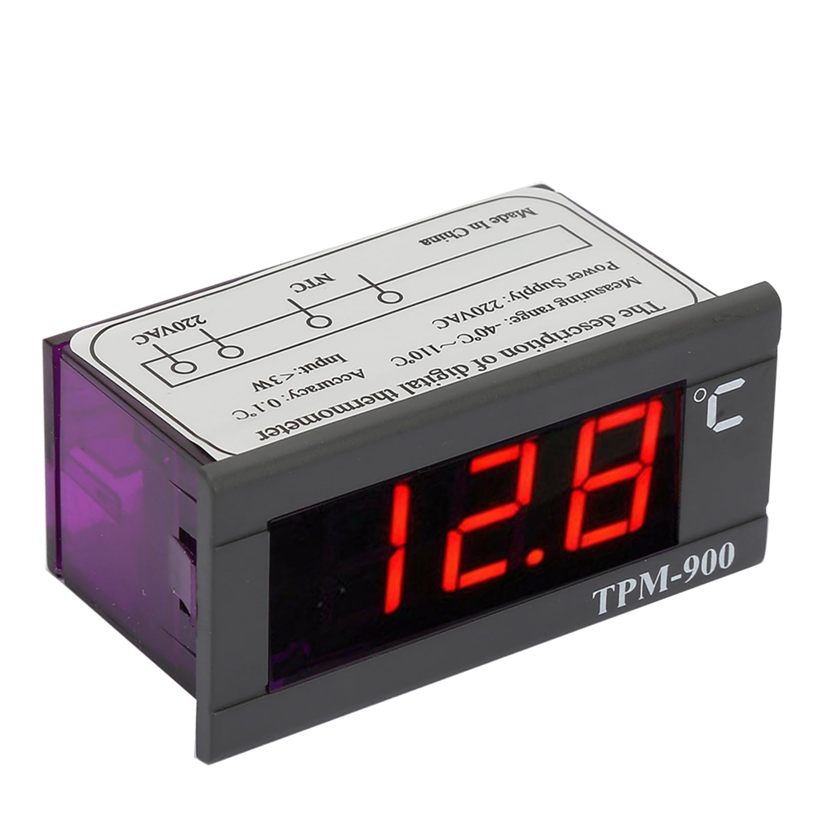 TPM-900 Contrôleur de Température Numérique 220VAC 3W, -40℃~110℃, Contrôleur de Thermostat de Capteur, avec Indicateur de Panneau LED et Insérez Panneau, Refroidissement et Chauffage,Précision ±0.1℃