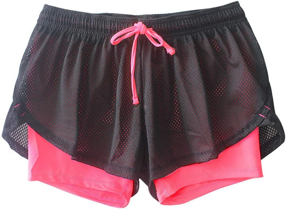 JOFOW Womens Sports Shorts Fake 2PC Solid Mesh Breathable Quick Dry Mini Pants