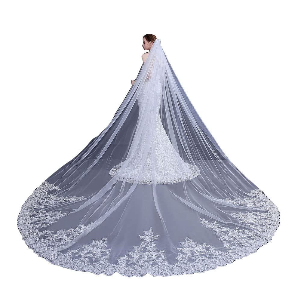 DAIHAN Donna Paillettes Squisite a Coda Lunga Morbida Velo da Sposa con Bordo in Pizzo con Pettine Caduta della lunghezza della Cattedrale per la festa dell'abito da ballo